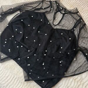 Black Mesh Top with Pearl Accents
